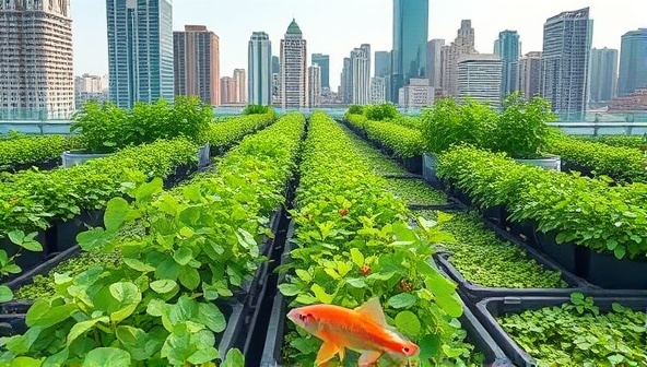 An urban rooftop garden filled with lush green plants and colorful fish swimming in tanks, surrounded by city skyscrapers in the background, symbolizing sustainability and innovation in agriculture.