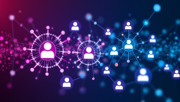 An abstract representation of AI algorithms processing and filtering resumes, with digital nodes connecting qualified candidates to job opportunities, illustrating the platform's automated screening process and efficiency in talent selection.