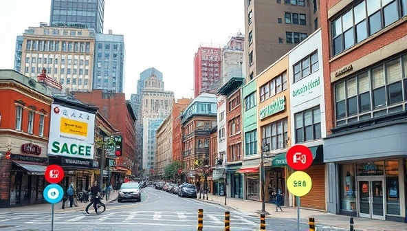 An urban landscape with various businesses, each highlighted with a digital marker symbolizing optimized local search visibility, showcasing the impact of hyper-local SEO on attracting customers in the area.