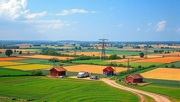A visual representation of a rural landscape with digital networks extending to connect remote communities, symbolizing the transformative impact of broadband expansion on rural areas.