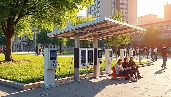 A beautifully designed solar-powered outdoor charging station in a bustling urban park, with people lounging and charging their devices under the sun, showcasing the blend of technology, sustainability, and community engagement.