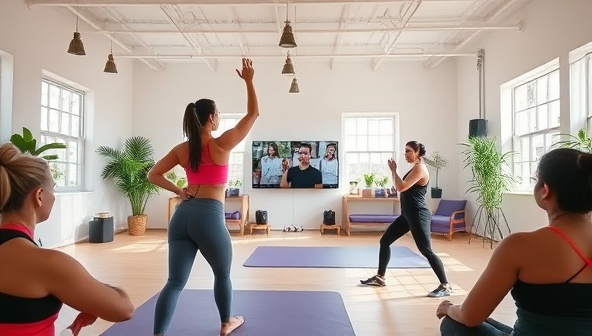 An energetic fitness instructor leading a dynamic workout session in a bright and spacious virtual studio, with participants joining the live stream from different locations, conveying the vibrant and interactive nature of FitStream's platform.