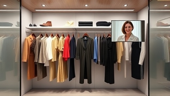A sleek virtual closet filled with stylish outfits on a digital screen, with a virtual stylist providing advice through a video call, creating a modern and convenient shopping experience.