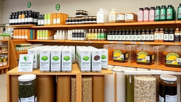 An inviting store display featuring rows of refillable containers filled with various eco-friendly products, accompanied by informative signage promoting sustainability and zero waste, creating a visually impactful and eco-conscious shopping experience.