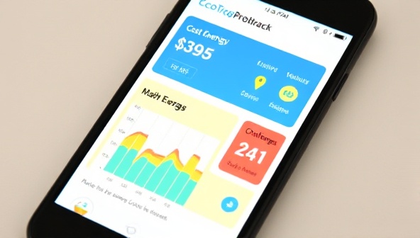 A smartphone screen displaying the EcoTrack App interface with colorful energy consumption graphs, cost-saving suggestions, and eco-friendly challenges, creating a user-friendly and visually appealing energy tracking experience.