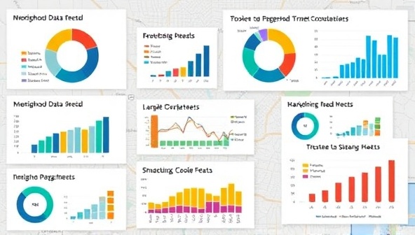 A visually appealing infographic displaying colorful charts and graphs representing neighborhood data analytics, overlaid on a map of a local community, highlighting key insights and opportunities for targeted marketing strategies.