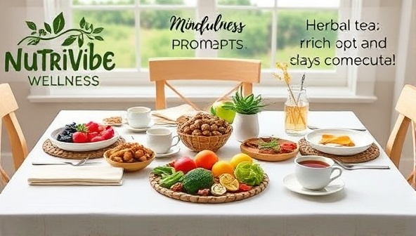 An inviting image of a beautifully set dining table with colorful, nutrient-rich foods, herbal teas, and mindfulness prompts, creating a serene and wholesome atmosphere that reflects the holistic approach to nutrition and wellness at NutriVibe Wellness.
