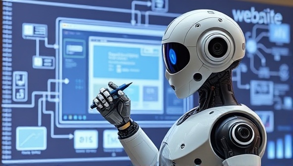 An AI-powered robot with a digital pen, sketching a futuristic website layout on a virtual screen, symbolizing creativity and innovation in design consultation.
