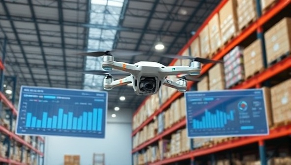 An aerial view of a warehouse facility with drones flying overhead, conducting inventory audits with precision and speed, while data analytics screens display real-time inventory counts and audit reports, creating a futuristic and efficient auditing process in warehouse management.