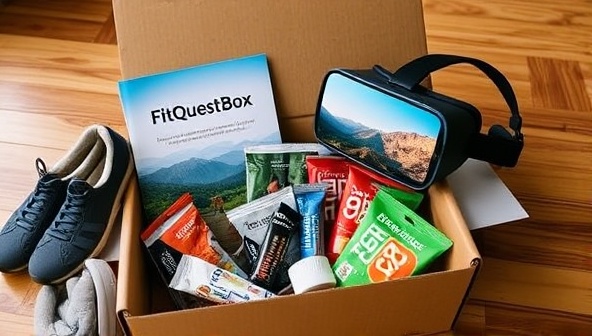 An enticing image of a FitQuestBox containing outdoor gear, trail maps, healthy snacks, and a virtual reality headset showcasing a mountain trekking experience, inviting viewers to join a fitness adventure from the comfort of their homes.