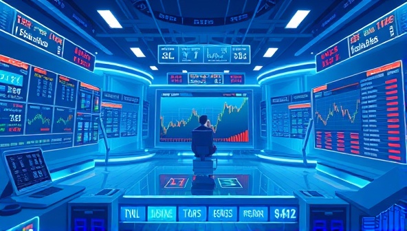 An immersive digital illustration showcasing a virtual trading floor environment with animated stock tickers, trading charts, and competitive leaderboards, highlighting the engaging and interactive nature of the gamified investment trading platform.