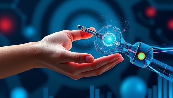 An artistic representation of a human hand collaborating with a digital AI hand to craft a visually stunning website design, symbolizing the fusion of creativity and technology in web design consultancy.