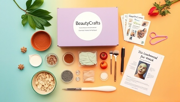 A colorful and vibrant flat lay of a BeautyCrafts Box subscription, showcasing neatly arranged ingredients, tools, and instruction cards for creating a luxurious homemade face mask, exuding creativity and hands-on beauty experience.