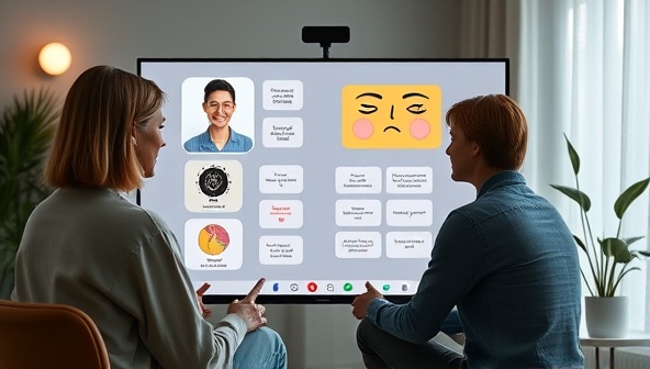 An empathetic virtual therapy session scene featuring a therapist providing counseling to a client via video call, with calming background visuals, mindfulness exercises, and therapeutic tools displayed on the screen, creating a safe and supportive virtual therapy environment for emotional healing and growth.