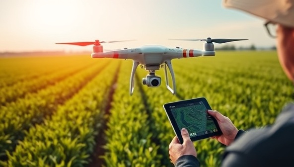 An engaging image of a drone hovering over a lush green field, capturing detailed aerial footage of crops, with the drone operator monitoring the live feed on a tablet, showcasing the modern technology and data-driven approach to crop monitoring and precision agriculture offered by SkyScout Agriculture.