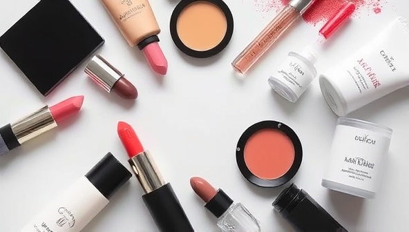 An artistic flat lay of customizable beauty product components like lipstick tubes, foundation pigments, and skincare serums arranged in a visually appealing pattern, conveying the concept of personalized beauty creation.