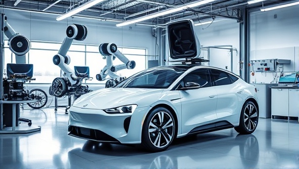 An innovative service bay with robotic arms conducting maintenance on a sleek autonomous vehicle, showcasing a blend of cutting-edge technology and automotive expertise.