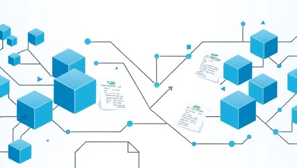 An illustration of interconnected blocks representing blockchain technology, with invoices flowing securely between businesses and investors, symbolizing transparency and efficiency in invoice financing.
