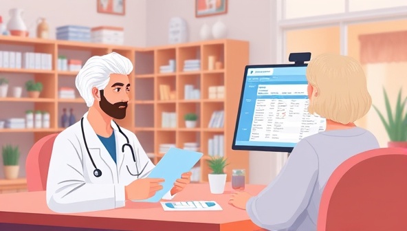 An engaging digital illustration showing a virtual clinical pharmacist consultation in progress, with a pharmacist and patient engaged in a video call discussing medication therapy, a medication chart displayed on a digital screen, and a cozy home environment in the background, conveying professional and personalized pharmaceutical care.