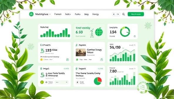 An eco-friendly marketplace interface showcasing various sustainable investment opportunities, green projects, and impact metrics, surrounded by lush greenery and renewable energy symbols, evoking a sense of environmental consciousness and financial impact.