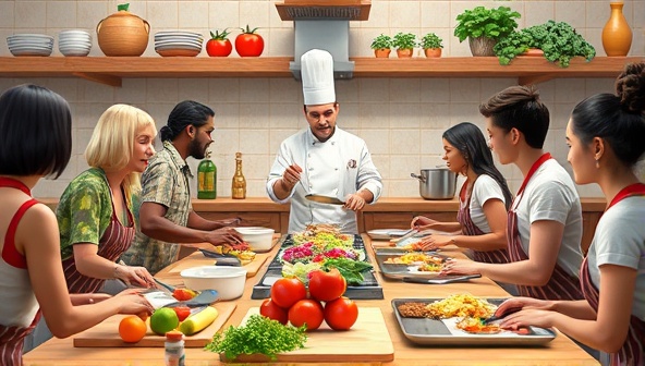 A vibrant digital kitchen scene with a diverse group of participants following a chef's instructions on their screens, surrounded by ingredients and cooking utensils, creating a lively and interactive cooking atmosphere.