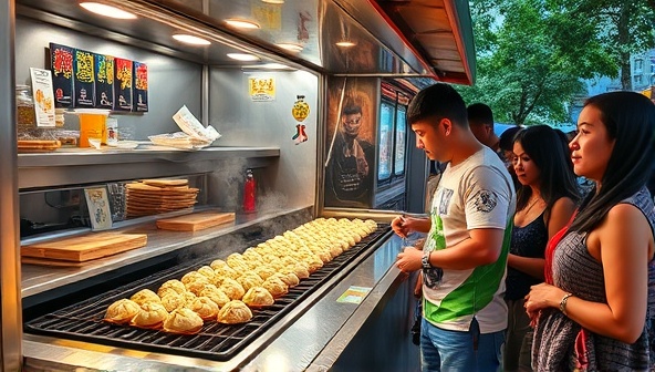 A vibrant food truck scene with colorful dumplings being prepared on a sizzling grill, a line of customers eagerly waiting to order, and a bold 