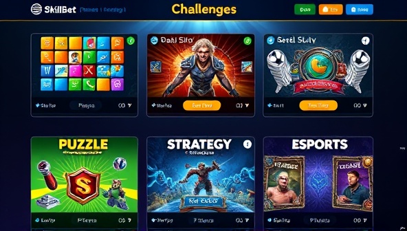 An exciting game interface showcasing different skill-based challenges like puzzle solving, strategy games, and eSports competitions, emphasizing the competitive and rewarding nature of SkillBet Challenge.