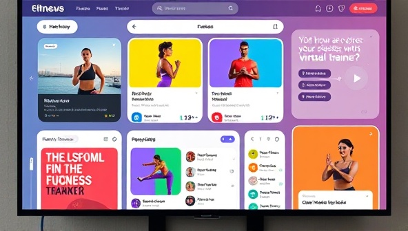 An interactive fitness platform interface showcasing a variety of workout classes, progress tracking tools, and virtual trainer avatars, with vibrant graphics and motivational quotes, creating an immersive and dynamic fitness experience at home.