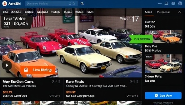 A virtual auction scene featuring a collection of classic cars, exotic vehicles, and rare finds up for bid, with live bidding updates, detailed vehicle descriptions, and high-quality images, capturing the excitement and thrill of buying and selling cars online through AutoBid Exchange.
