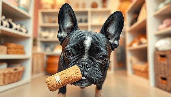 An adorable French Bulldog eagerly sniffing a freshly baked artisanal pet treat in a charming, pastel-colored boutique setting, surrounded by shelves of premium pet accessories and toys, exuding a cozy and welcoming atmosphere.