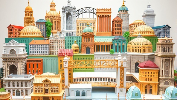 An artistic display of a variety of architectural DIY kit projects, including miniature buildings, bridges, and landmarks, showcasing the creativity and construction possibilities offered by the kits.