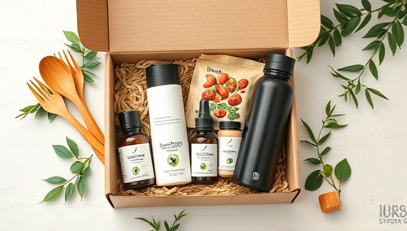 An artistic flat lay of a subscription box filled with bamboo utensils, organic skincare products, a reusable water bottle, and a plant-based snack, conveying a harmonious blend of sustainability and lifestyle convenience.