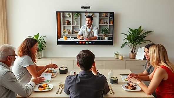 An image of a virtual food tasting session with participants joining from different locations, each with their tasting kits laid out, engaging with the host on a screen showcasing an array of exotic flavors and ingredients, fostering a sense of culinary exploration and connection.