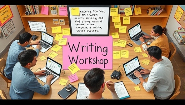 An image of a virtual writing workshop session with multiple participants contributing to a collaborative story on their laptops, surrounded by virtual sticky notes, brainstorming ideas, and sharing feedback in a dynamic and interactive online setting.