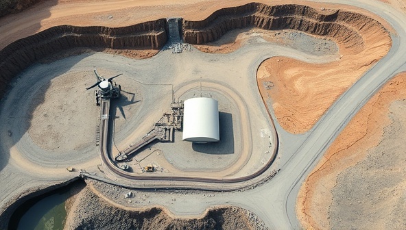 An aerial view of a mining site captured by a drone, showcasing detailed topography, equipment layout, and environmental features, demonstrating the precision and clarity of survey data provided by AeroMine Survey Solutions.