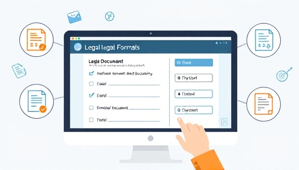 An illustration of a computer screen showing a user filling out a legal document form with intuitive prompts, surrounded by icons representing different types of legal documents, symbolizing simplicity and convenience.