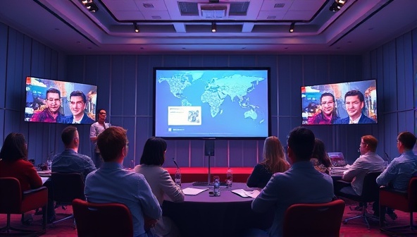 An artistic rendering of a virtual event setup with digital screens displaying interactive content, virtual attendees engaging in discussions, and a virtual event planner coordinating the experience, illustrating the essence of virtual event planning services.