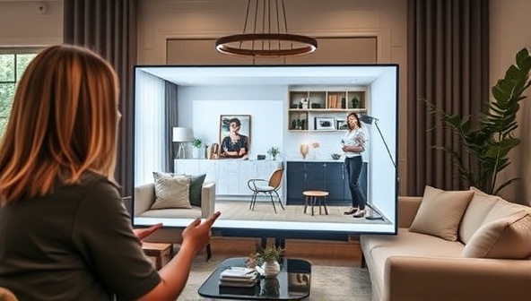 An elegant virtual room design consultation featuring an interior designer presenting a mood board on-screen, with stylish furniture and decor recommendations displayed, creating a visually appealing and inspiring design concept.