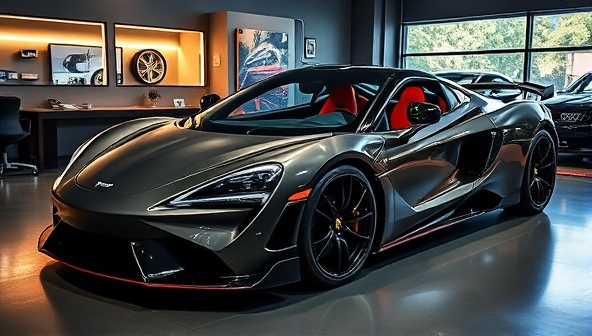 A sleek sports car in a showroom displaying a customized interior and exterior design, with vibrant lighting highlighting the high-performance modifications and attention to detail by Revolution Motorsports Lab, creating an ambiance of innovation and luxury automotive craftsmanship.