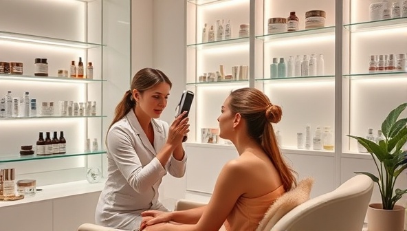 A serene and modern consultation room with a skincare expert analyzing a client's skin using advanced technology, surrounded by shelves of premium skincare products, exuding a sense of luxury and expertise.