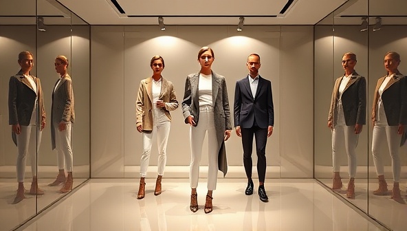 An elegant virtual fitting room interface displaying AI-generated outfit suggestions on a user's avatar, accompanied by style tips and links to purchase items online, creating a personalized and interactive fashion experience.