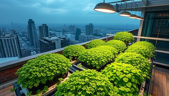An urban rooftop garden filled with thriving crops under the glow of LED lights, showcasing the futuristic and sustainable nature of VertiGrow's vertical farming technology.