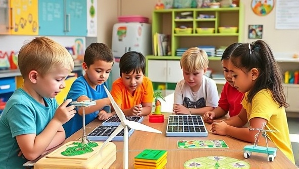 A colorful and engaging learning environment with children exploring EcoEduKits materials like solar-powered toys, wind turbine models, and conservation-themed games, fostering a hands-on and fun approach to sustainable energy education.
