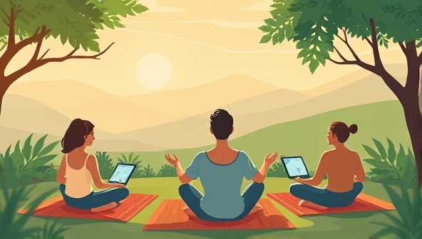 An illustration of a serene digital detox retreat with individuals practicing mindfulness, surrounded by nature, digital devices symbolically turned off, conveying the concept of digital wellness coaching.