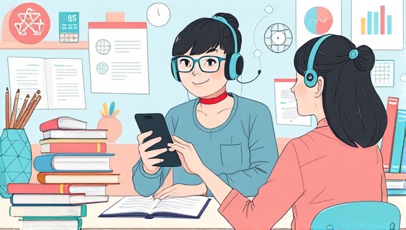 An illustrated scene showing a student using a smartphone to interact with a friendly AI tutor avatar, surrounded by digital study materials and virtual learning tools, creating a futuristic and engaging study environment.