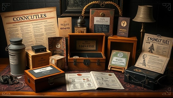 A mystery-themed subscription box display featuring cryptic clues, locked boxes, intricate puzzles, and thematic props, creating an immersive escape room experience within the comfort of players' homes, sparking curiosity and intrigue.