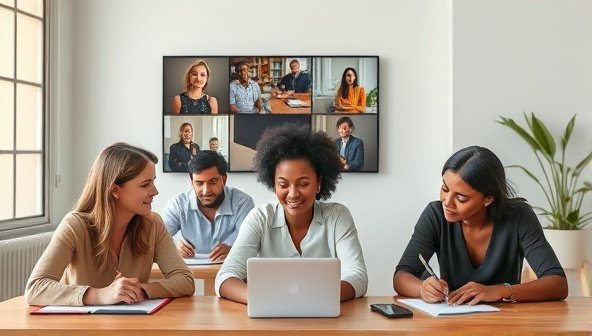An online group writing session with participants from diverse backgrounds engaging in a virtual workshop led by an experienced writing coach, fostering creativity and collaboration in a digital setting.