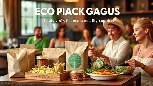 A visually appealing display of eco-friendly food packaging options with natural textures and colors, showcasing versatility and sustainability, placed in a restaurant setting with happy diners enjoying their meals, emphasizing eco-conscious dining experiences.