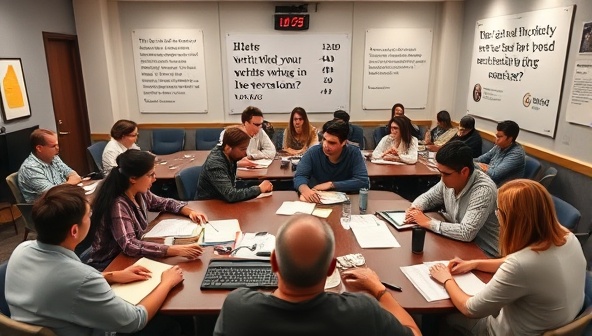 A virtual meeting room filled with diverse writers engaged in a lively discussion, sharing writing tips and progress updates, with digital timers and motivational quotes displayed, creating a sense of community and shared purpose among participants.