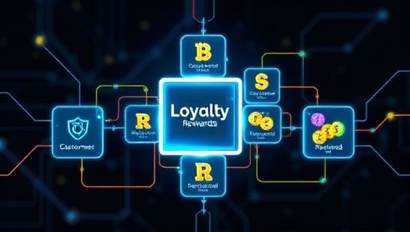 A digital representation of interconnected blocks forming a secure and transparent loyalty rewards system, with customers earning digital tokens and redeeming rewards seamlessly, illustrating the innovative and trustworthy nature of the platform.